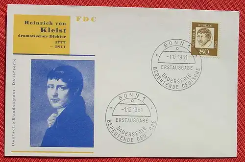 ()  Brief mit 80 Pf. Dauermarke Heinrich von Kleist, Mi. 359 y, Bonn 1. 12. 1961, siehe bitte Bild