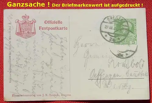 (1047935) Vorarlberger Jahrhundertfeier 1909, Bregenz. Offizielle Festpostkarte. Kommissionsverlag v. J. N. Teutsch, Bregenz. Ganzsache (mit aufgedrucktem Briefmarkenwert). Künstler-Postkarte "Der Trommler" v. J. Jelinekk 1909. Beschrieben und...