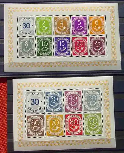 (1047085) Posthornsatz Bund 123-138 als Faksimiledruck 1982, Zifferserie auf zwei Blocks, siehe bitte Bilder u. Beschreibung