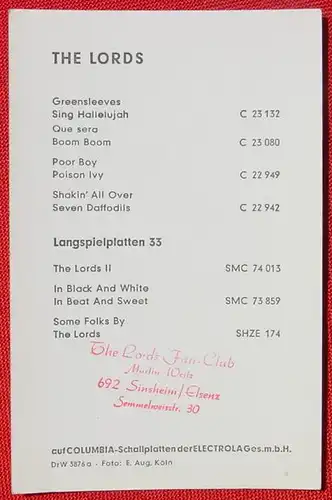 (1046977)  1 x Original Werbekarte THE LORDS Columbia Schallplatten. Absolut ungebrauchter Zustand. Postkartenformat ca. 9,5 x 14,5 cm. Eventuell sind 6 weitere Karten da. Bitte anfragen ? Die Bilder sind Beispiele, da mehrere Originale vorhanden. 