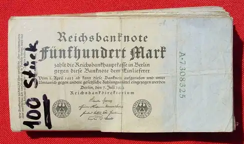 100 x 500,00 Reichsmark v. 7. Juli 1922 (1031005) Banknoten, Geldscheine