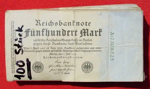 100 x 500,00 Reichsmark v. 7. Juli 1922 () Banknoten, Geldscheine