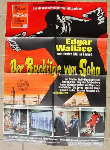 Neu : Versandkosten ab Euro 2,50 /  ()  Original Filmplakat. Edgar Wallace "Der Bucklige von Soho", mit Guenther Stoll, Monika Peitsch, u. a..., Constantin-Film. Format DIN A 1, gefaltet, sehr guter Zustand. Hersteller Fotopress Heidelberg 1960...