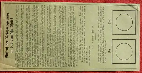 Versandkosten ab Euro 2,00 ! () Aufruf der Reichsregierung an das deutsche Volk vom 14.10.1933. Drittes Reich. Zeitgeschichte / Abstimmungszettel der Reichsregierung an das deutsche Volk vom 14.10.1933, wegen Billigung der Friedenspolitik und...