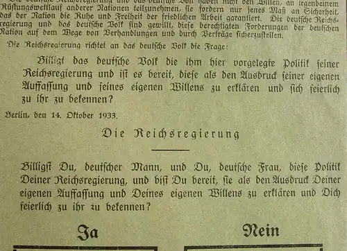 Versandkosten ab Euro 2,00 ! () Aufruf der Reichsregierung an das deutsche Volk vom 14.10.1933. Drittes Reich. Zeitgeschichte / Abstimmungszettel der Reichsregierung an das deutsche Volk vom 14.10.1933, wegen Billigung der Friedenspolitik und...