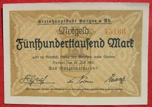 ! Neu : Versandkosten ab Euro 1,30 () Original Geldschein der Kreishauptstadt Speyer a. Rh. über 500.000 Mark. Speyer, dem 27. Juli 1923. Serien-Nr. 45166. TOP Zustand ! Vermutlich ungebraucht ? # Banknoten # Geldscheine