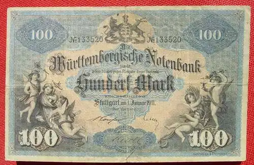 (1045110) 100 Mark Stuttgart 1. Jan. 1911. Wuerttembergische Notenbank. Siehe Originalbilder