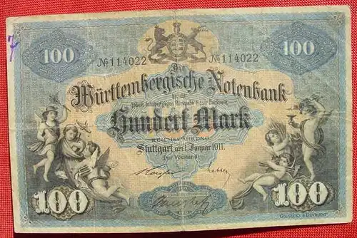 (1045111) 100 Mark Stuttgart 1. Jan. 1911. Wuerttembergische Notenbank. Siehe Originalbilder