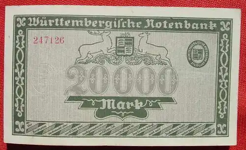 () 20.000 Mark Stuttgart 15. Juni 1923. Wuerttembergische Banknote. Sehr gut erhalten ! Siehe Originalbilder