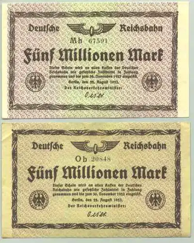 (1044900) Deutsches Reich. 2 x 5 Millionen Reichsmark 1923. Reichsbahn Berlin