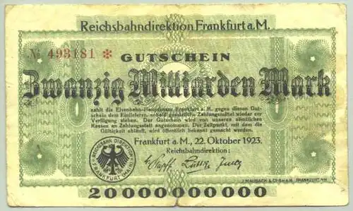 () Deutsches Reich. 20 Milliarden Reichsmark 1923. Frankfurt am Main