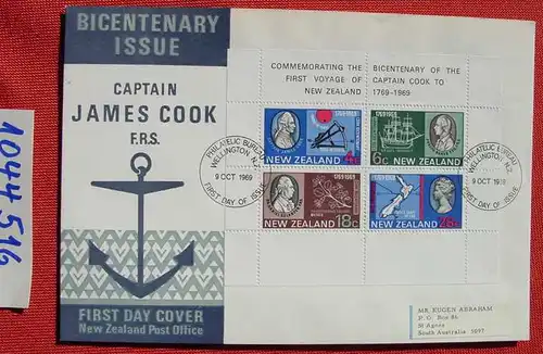 () New Zealand Post Office. 9 Oct 1969. First Day Cover Captain James Cook. Wellington N.Z. # FDC