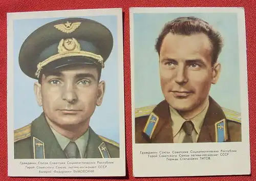 (1046445) Zwei Postkarten Russland Astronauten um 1961-63 ? Rs. Klebespuren aus Album. Siehe bitte Bilder # Raumfahrt