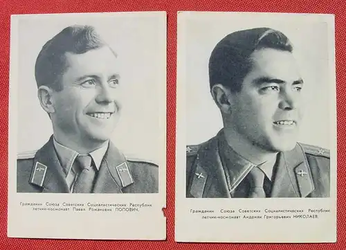 (1046446) Zwei Postkarten Russland Astronauten um 1962 ? Rs. Klebespuren aus Album. Siehe bitte Bilder # Raumfahrt