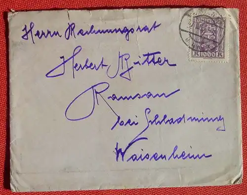 (1046227) Briefkuvert mit 1000 Kronen-Marke (1924 ?), Gebrauchsspuren, Zustand siehe bitte Bilder