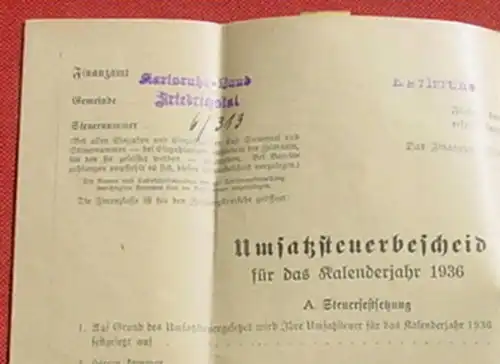 () Brief "Frei durch Abloesung Reich" Finanzamt Karlsruhe Land / Friedrichstal, Steuerbescheid 1936, siehe bitte Bilder