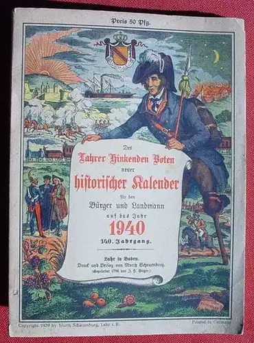 (1012043) "Des Lahrer Hinkenden Boten..." Kalender 1940. 160 S., Moritz Schauenburg, Lahr 1939