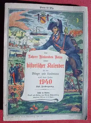 () "Des Lahrer Hinkenden Boten..." Kalender 1940. 160 S., Moritz Schauenburg, Lahr 1939