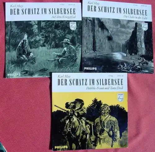 () "Karl May". 6 x Single-Schallplatten v. Philips (M 45) "Karl May - Der Schatz im Silbersee". Einzig autorisierte Schallplattensammlung in Zusammenarbeit mit dem Karl-May-Verlag, Bamberg. Sammlung der Folgen 1 - 6. Alle sechs Schallplatten...