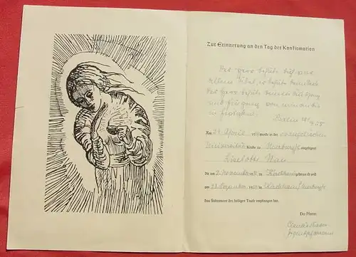 (1014865) Grossformatige Urkunde. Konfirmation 1949. Uni-Kirche zu Marburg / L. . Holzschnitt