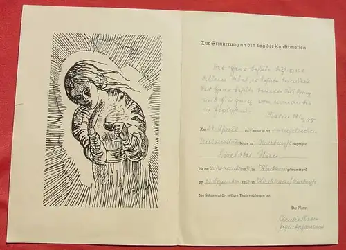 () Grossformatige Urkunde. Konfirmation 1949. Uni-Kirche zu Marburg / L. . Holzschnitt