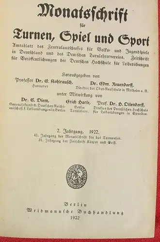 () "Monatsschrift fuer Turnen, Spiel und Sport". Jahrg 1922, 510 S., Weidmannsche Buchhandlung, Berlin