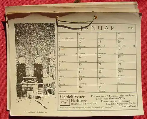 (1014967) Heidelberg Kalender 1933. 12 Blatt Kartonpapier. Fa. 'Gottlob Vetter, Heidelberg'. Brausdruck HD