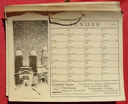 () Heidelberg Kalender 1933. 12 Blatt Kartonpapier. Fa. 'Gottlob Vetter, Heidelberg'. Brausdruck HD