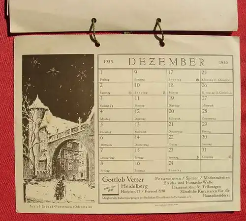 () Heidelberg Kalender 1933. 12 Blatt Kartonpapier. Fa. 'Gottlob Vetter, Heidelberg'. Brausdruck HD