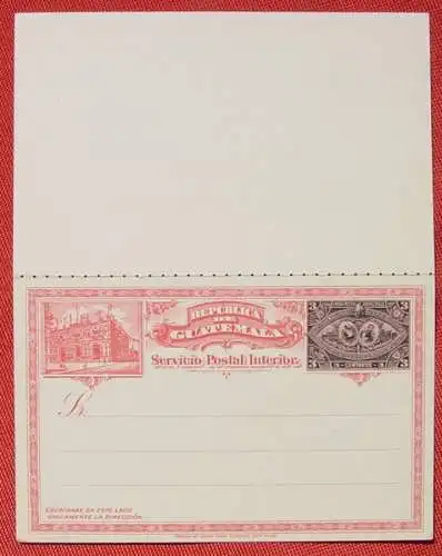 () Antwort-Postkarte / Faltkarte. Guatemala 1897 (mit Motiv Eisenbahn / Schiff), unbeschrieben. Für Versand gefaltet.