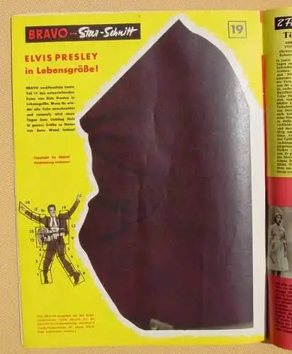 NEU : Versandkosten ab Euro 3,00 / BRD. (intern 1006796) BRAVO Magazin 1960 / Nr. 18. Original, komplett, gut erhalten. BRAVO-Star-Schnitt Nr. 19 von Elvis Presley in Lebensgröße. Rückseite Peter Alexander. 