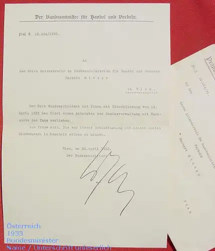 () Autograph. Oesterreich. Bundesminister 1933 Handel und Verkehr, Wien