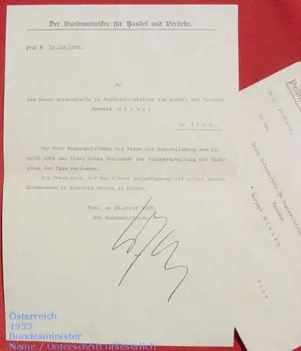 ()  Österreich. Autograph. Guido Jakoncig. Bundesminister 1933 Handel und Verkehr, Wien. Brief mit Kuvert von 1933 mit Originalunterschrift. 1 x gefaltet.