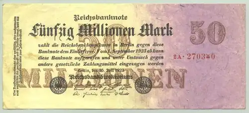 (1038399) Fehldruck Banknote 50 Millionen Reichsmark, Berlin 25. Juli 1923, Ro. 97 b
