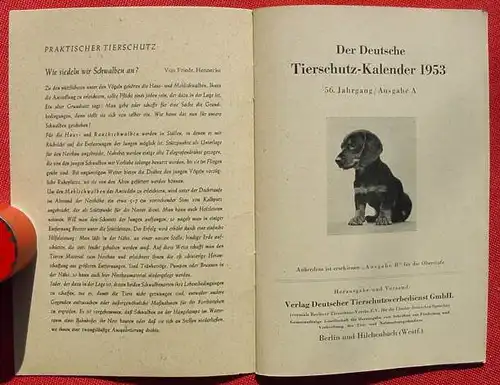 (0190015) "Der Deutsche Tierschutz-Kalender 1953". 32 S., Berlin u. Hilchenbach (Westf.)