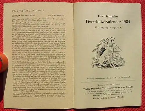 (0190016) "Der Deutsche Tierschutz-Kalender 1954". 32 S., Berlin u. Hilchenbach (Westf.)