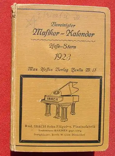 (0190035) "Vereinigter Musiker-Kalender 1923". Hesse-Stern. Etwa 180 S., Max Hesse-Verlag, Berlin