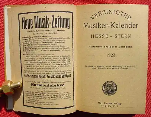 (0190035) "Vereinigter Musiker-Kalender 1923". Hesse-Stern. Etwa 180 S., Max Hesse-Verlag, Berlin