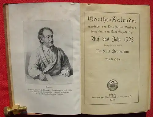 (0190039) "Goethe-Kalender auf das Jahr 1923". Heinemann. 176 S., Dieterich, Leipzig 1922