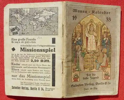 () "Manna-Kalender 1933. Fuer die liebe Jugend". 64 Seiten. Salvator-Verlag, Berlin