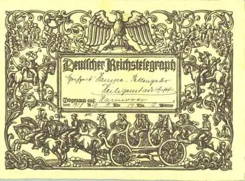 ()  Benutztes Schmuck-Telegramm (Reichsdruckerei) aus den 1920-er Jahren.  4 Seiten,  Querformat ca. 30 x 21,5 cm.  Titelbild : Inschrift "Deutscher Reichstelegraph" u.a., umgeben mit herrlicher Künstlerzeichnung eines Bauernhochzeitszuges mit...
