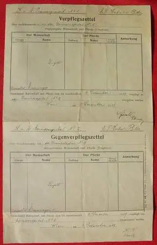 ! Neu u. gültig : Versandkosten ab Euro 1,50 ! () Verpflegszettel mit Gegenverpflegszettel fuer K. u. K. Train-Regiment Nr. 1  vom  4. 12. 1909. Einseitig bedruckt. Format ca. 21 x 34 cm. Gefaltet.