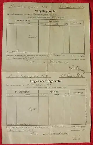 () Verpflegszettel fuer K. u. K. Train-Regiment Nr. 1  von 1909