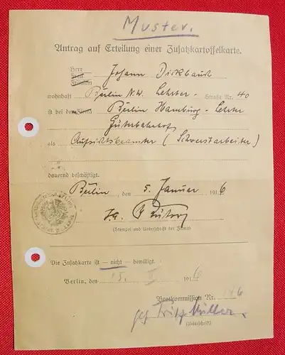 (0340161) Antrag auf Erteilung einer Zusatzkartoffelkarte. Berlin 1916, sauber gelocht