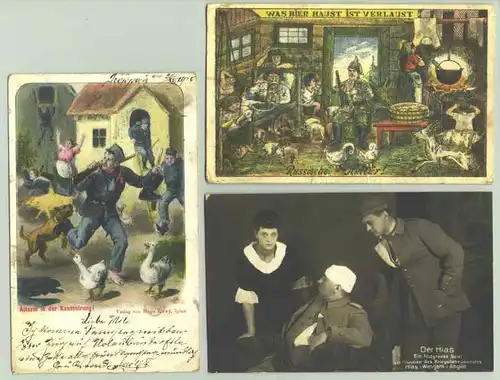 () 3 Ansichtskarten mit Motiven 'Militaer / Humor'. 1906 / 1918