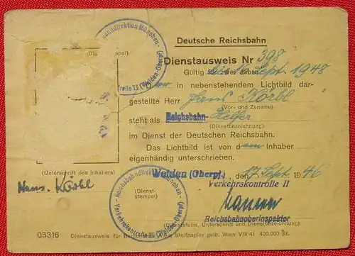 () Deutsche Reichsbahn. Dienstausweis 1946. Lichtbild entnommen