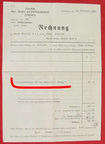 () Rechnung. Volksempfänger VE 301 Fabrikat 'Tefag' 1934  Original-Rechnung (DIN-A 4) der Städt. E-Werke Heidelberg vom 30. 11. 1934 über 1 Volksempfänger VE 301 Fabrikat 'Tefag', nebst Briefkuvert mit Briefmarke + Stempel. # Radio