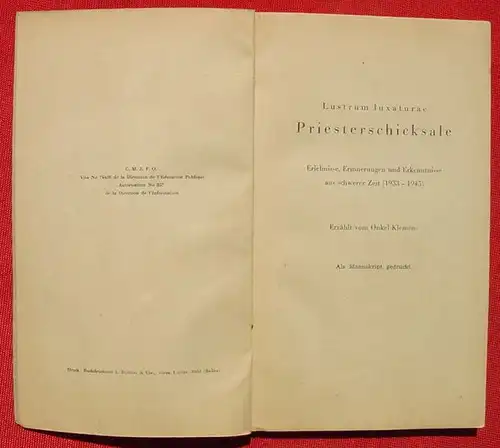 () "Priesterschicksale". (1933-1945). Klemens. 126 S., Neusatzeck 1945