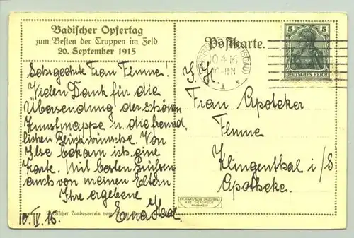 (1015830) Postkarte. "Badischer Opfertag zum Besten der Truppen im Feld 20. September 1915"