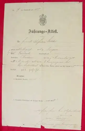 () Deutsches Reich. Kaiserliche Marine. Zeugnis 1883  Schriftstück : 'Führungs-Attest' der Kaiserlichen Marine von 1883. Starke Gebrauchs- u. Alterungsspuren. Gefaltet.